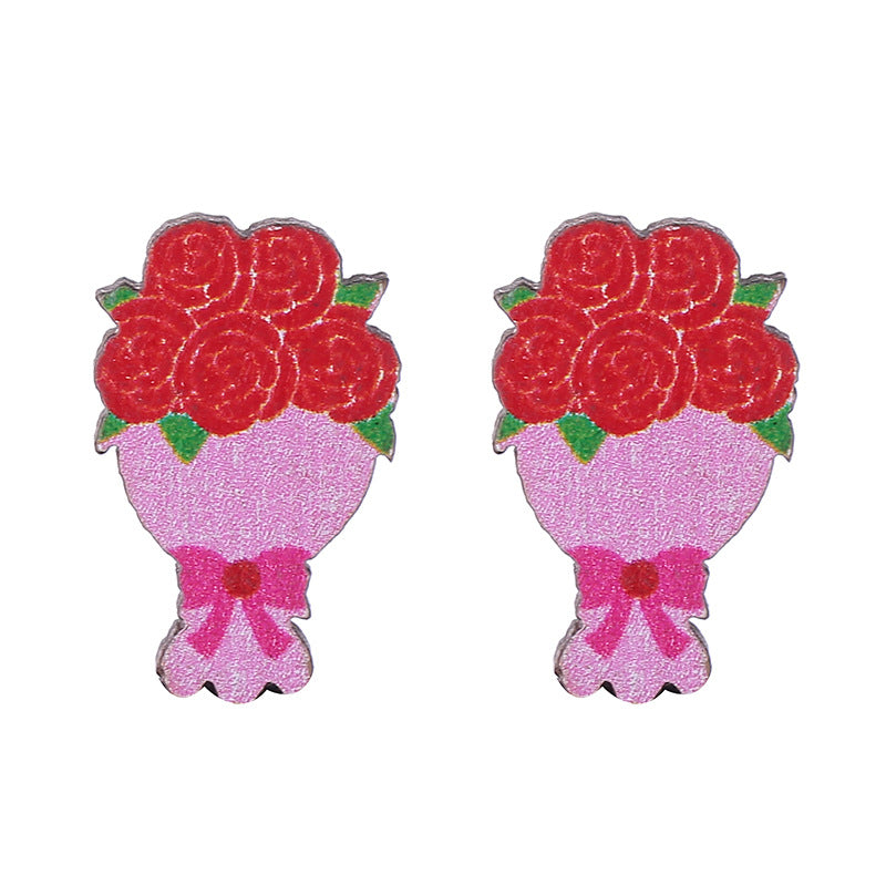 Wholesale Valentine's Day Bear Flowers Red Lips Cartoon Cake Wooden Earrings